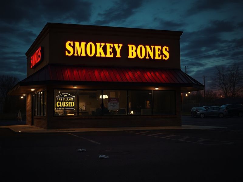 A dimly lit Smokey Bones interior with empty tables, faded branding, and a single employee wiping down a counter, evoking a s
