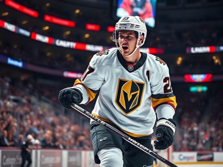 Brett Howden in a Vegas Golden Knights jersey during a playoff game, focused and mid-action, with the Stanley Cup visible in