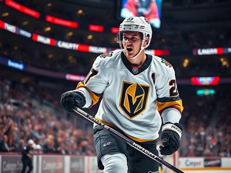 Brett Howden in a Vegas Golden Knights jersey during a playoff game, focused and mid-action, with the Stanley Cup visible in