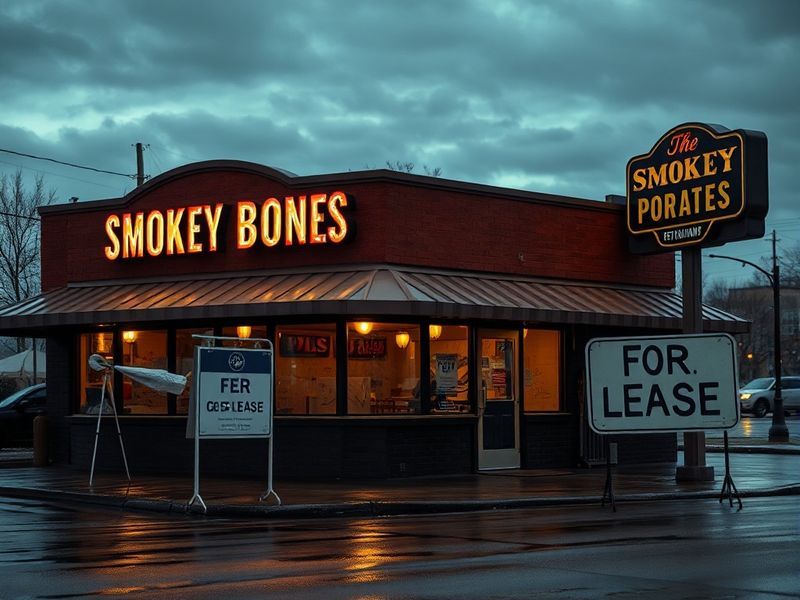 A nostalgic shot of a closed Smokey Bones restaurant exterior at dusk, with faded signage and empty parking lot, evoking the