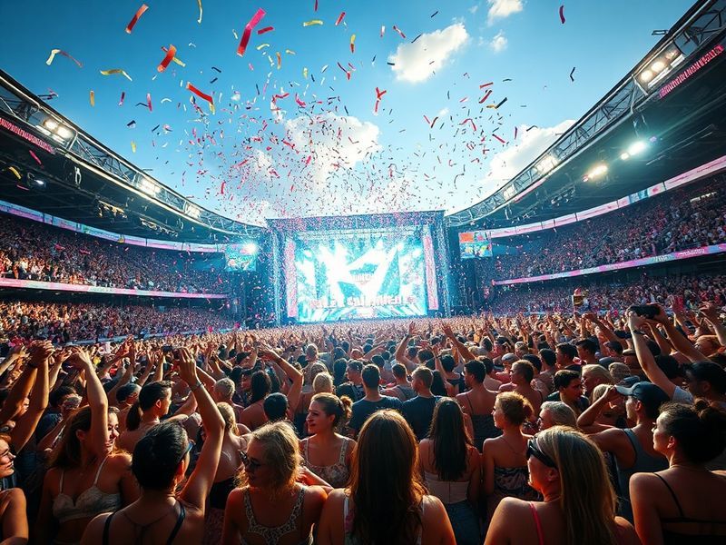A vibrant concert scene at a Summertime Ball event, featuring a large crowd with raised hands under colorful stage lights, ca
