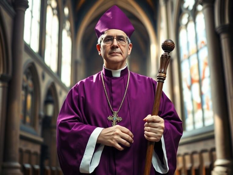 A distinguished elderly man in clerical robes speaking at a podium, with a thoughtful expression and a bookshelf in the backg