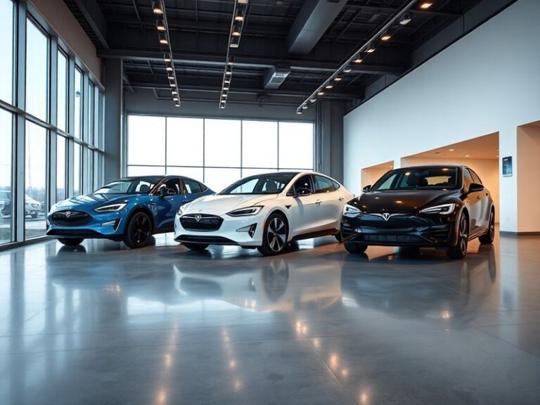 A modern EV dealership showroom with sleek electric cars plugged into charging stations, bright lighting, and digital screens