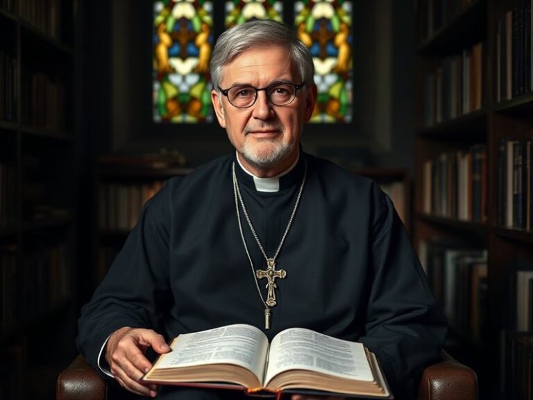 A formal portrait of Bishop Richard Harries in ecclesiastical robes, seated in a library with bookshelves in the background.