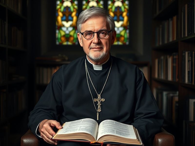 A formal portrait of Bishop Richard Harries in ecclesiastical robes, seated in a library with bookshelves in the background.