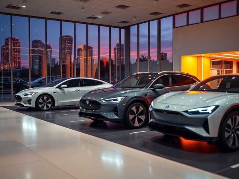 A modern EV dealership showroom with sleek charging stations, digital screens displaying vehicle specs, and a minimalist desi
