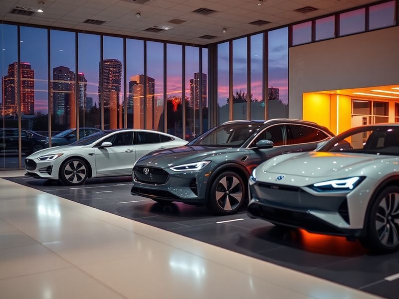 A modern EV dealership showroom with sleek charging stations, digital screens displaying vehicle specs, and a minimalist desi