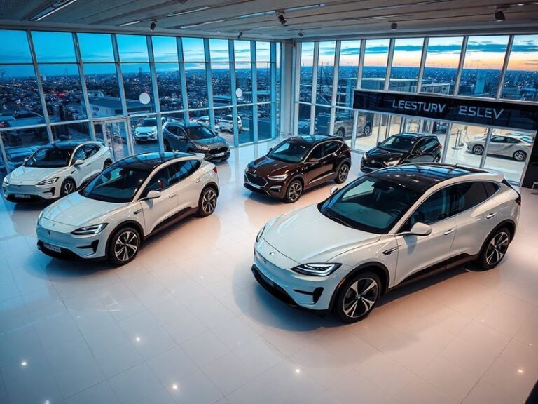 A futuristic EV dealership showroom with electric cars on display, solar panels on the roof, and customers engaging with digi