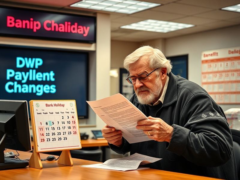 A person checking their phone while reviewing a bank statement, with a calendar showing bank holidays highlighted in red. The