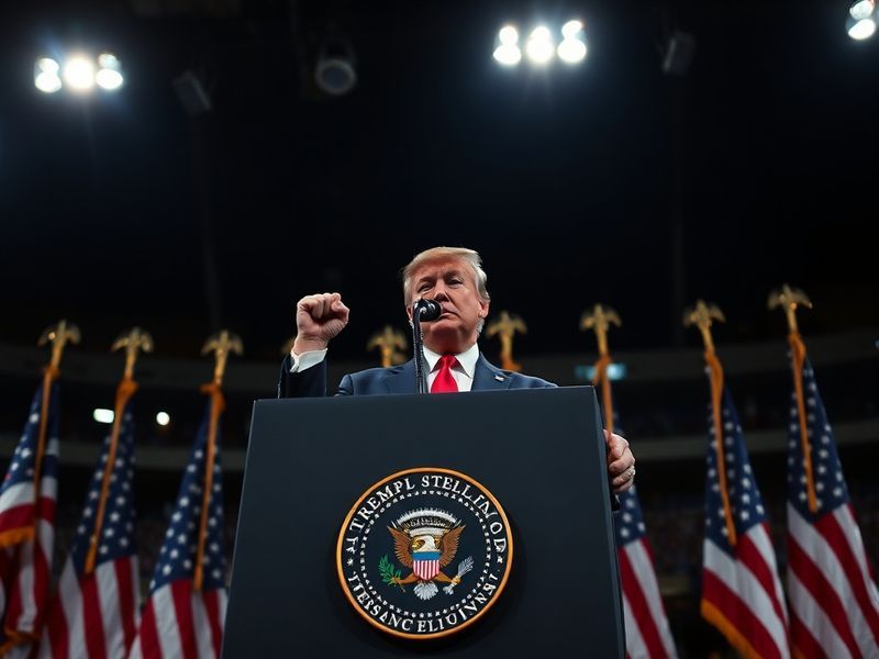 A split-image composition showing Trump at a podium speaking to supporters with a courthouse building in the background, repr