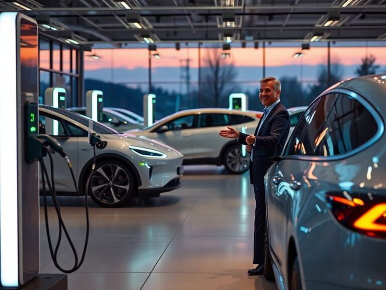 A modern EV dealership exterior with solar panels on the roof, electric cars plugged into charging stations, and a sleek show