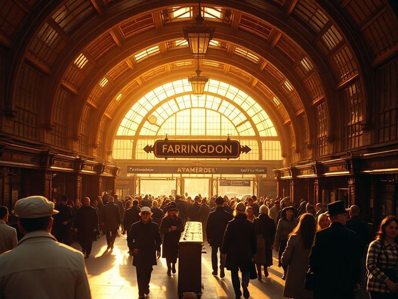 A bustling view of Farringdon Station’s modern and historic architecture, blending Victorian brickwork with contemporary desi