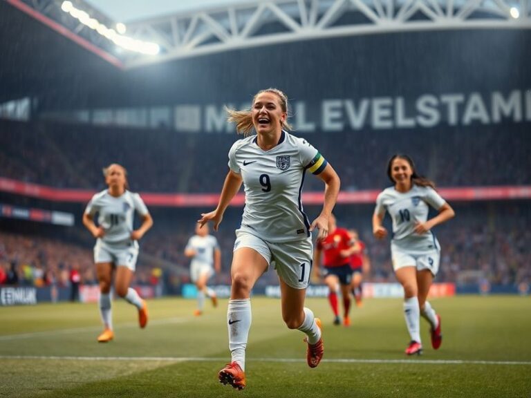 A dynamic action shot of Leah Williamson in Arsenal Women's kit, mid-game, with a focused expression, surrounded by teammates