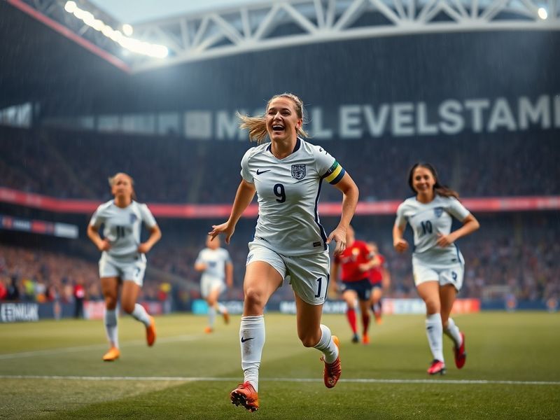 A dynamic action shot of Leah Williamson in Arsenal Women's kit, mid-game, with a focused expression, surrounded by teammates