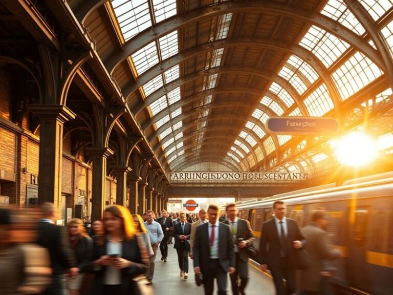 A bustling modern interior of Farringdon Station, showcasing its sleek Elizabeth Line platforms, historic brickwork, and digi