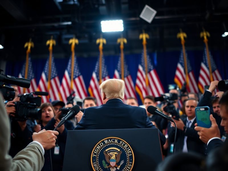 A split-screen image showing Trump speaking at a podium on one side, and a smartphone displaying his Truth Social app on the