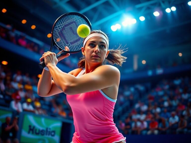 A dynamic action shot of Laura Pigossi mid-match on a hard court, wearing a bright yellow and green tennis outfit, focused ex