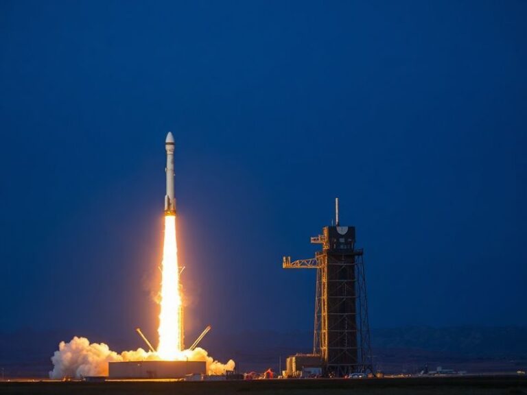 A Falcon 9 rocket lifting off from Space Launch Complex 4 East at Vandenberg Space Force Base during sunset, with the Pacific