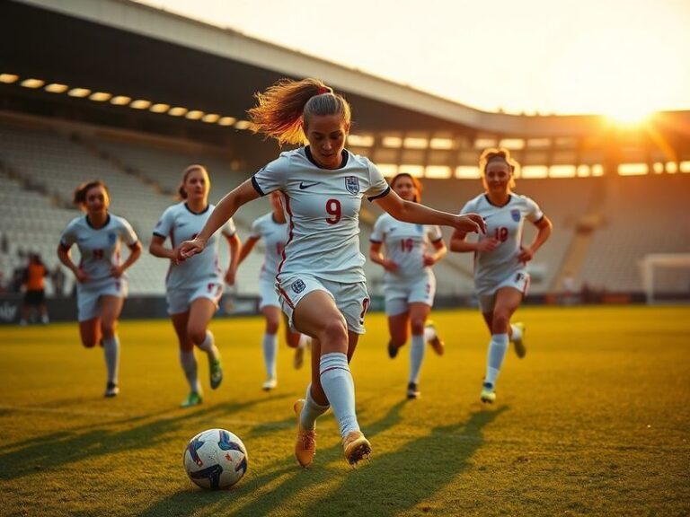 A mid-action shot of Leah Williamson in England kit, captain's armband visible, controlling the ball in midfield during a Eur