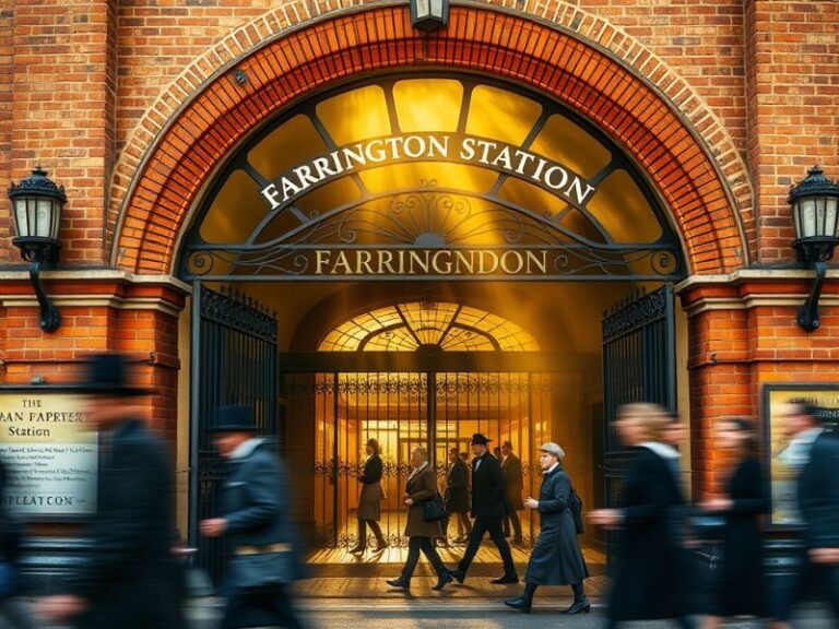 A modern interior shot of Farringdon Station showing its curved roof design, with passengers walking below, natural light str