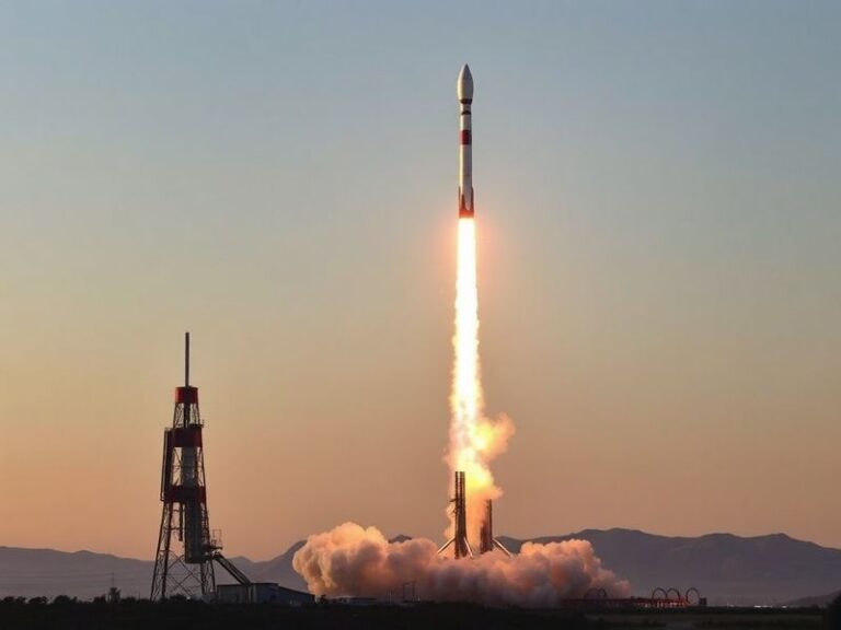 A SpaceX Falcon 9 rocket lifts off from Vandenberg Space Force Base at dawn, carrying a payload of Starlink satellites. The r