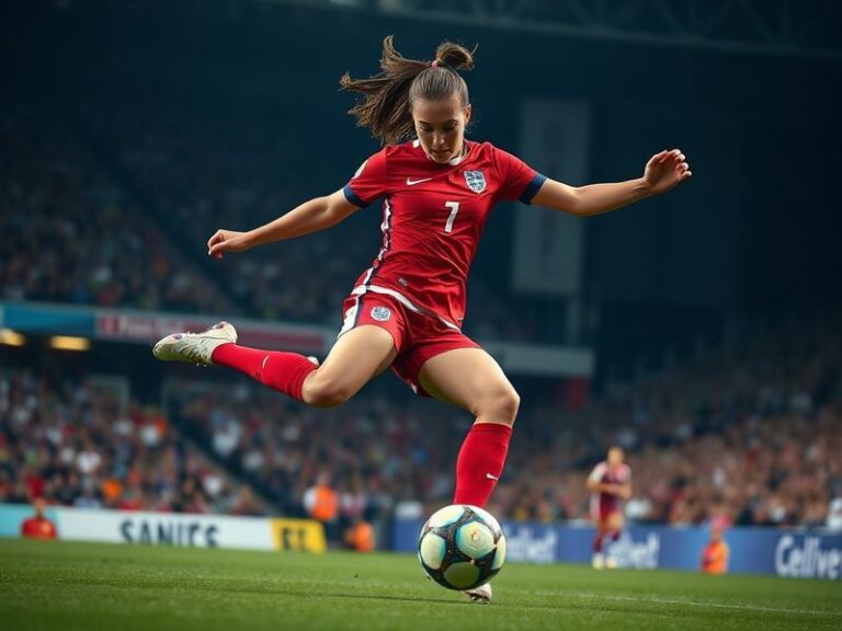 A dynamic action shot of Leah Williamson in Arsenal kit, mid-game, with a focused expression. The background shows blurred st