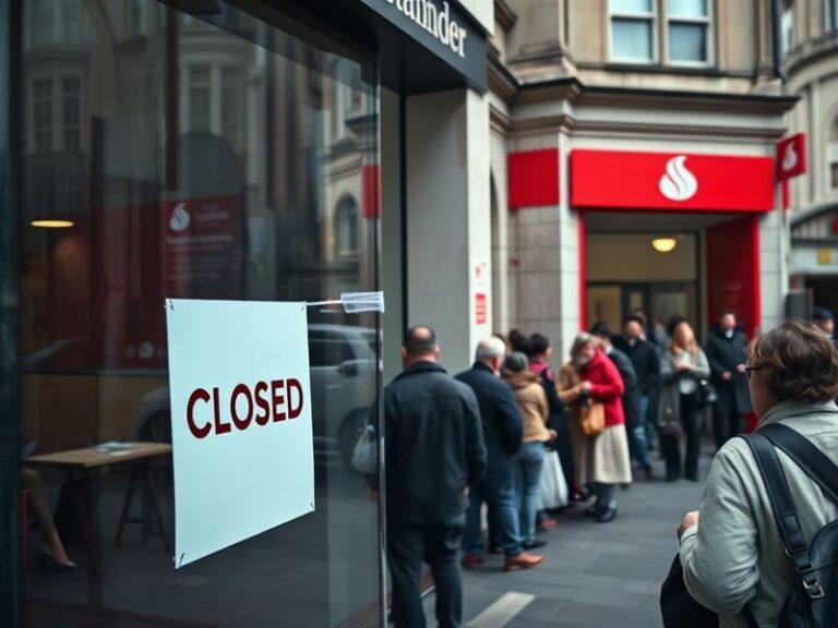 A modern bank branch with a 'Closed' sign, surrounded by digital icons like smartphones and laptops, symbolizing the shift fr