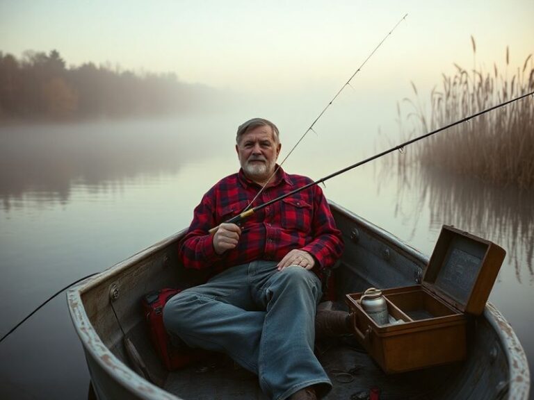 A serene lakeside scene at sunrise with an angler standing knee-deep in calm water, casting a line toward a misty horizon. Th