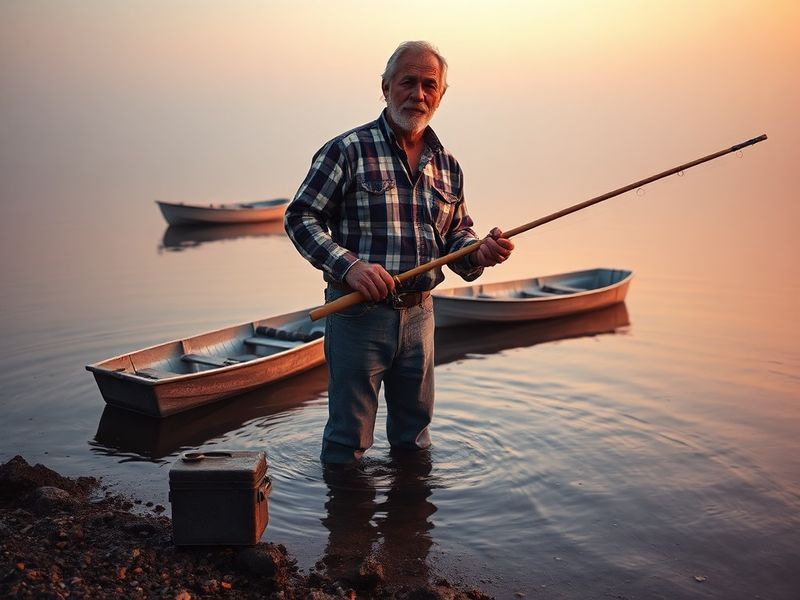 A minimalist illustration of a lone fisherman (Ted) sitting on a wooden dock at sunset, holding a fishing rod, with a laptop