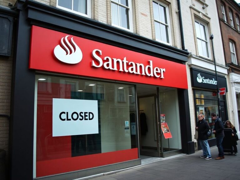 A quiet high street with a Santander bank branch sign on the door, surrounded by closed shop fronts and a few pedestrians in