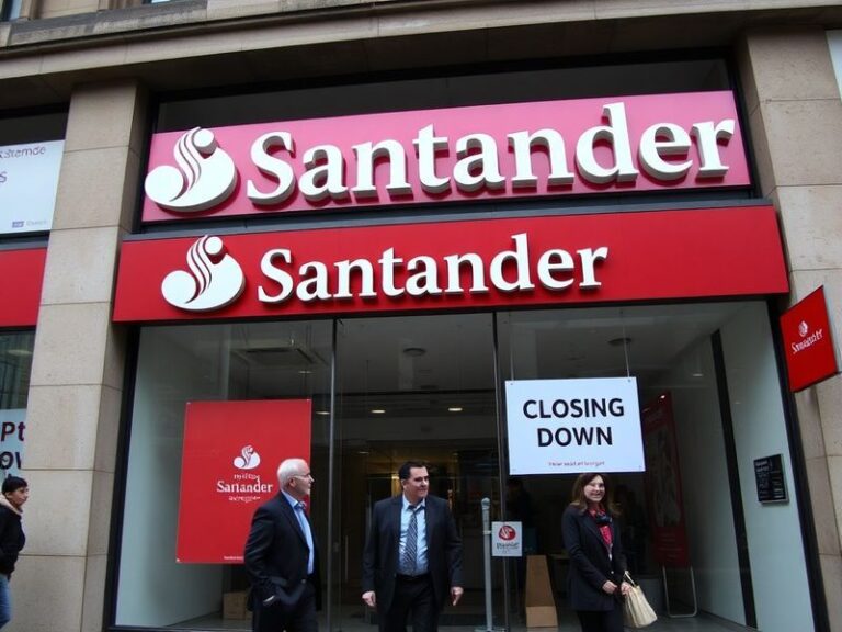 A quiet high street with a closed Santander UK branch sign in the foreground. The scene includes a few pedestrians, a traditi