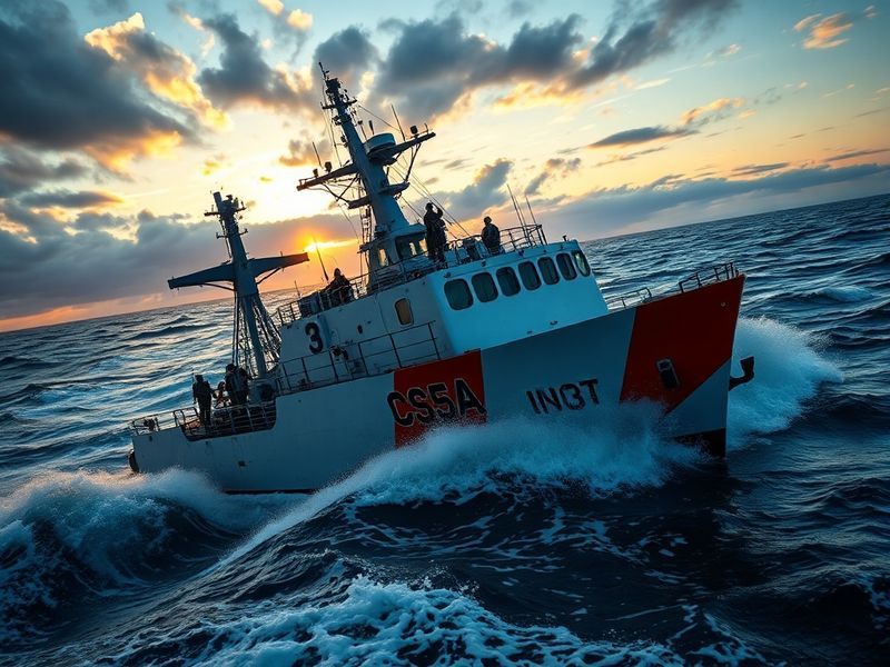 A U.S. Coast Guard cutter patrolling choppy seas, with a rescue swimmer deploying from a helicopter in the background. The sc