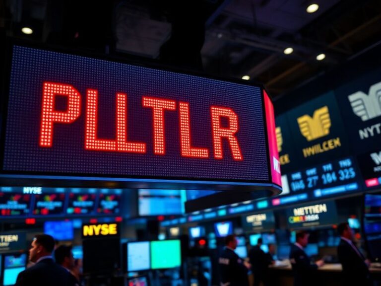 A dynamic stock market trading screen displaying Palantir Technologies (PLTR) stock price chart with red and green candlestic