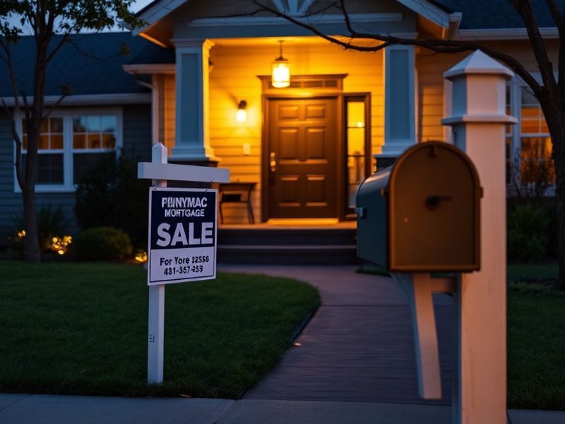 A modern home with a 'For Sale' sign, a digital tablet displaying a mortgage application, and a city skyline in the backgroun