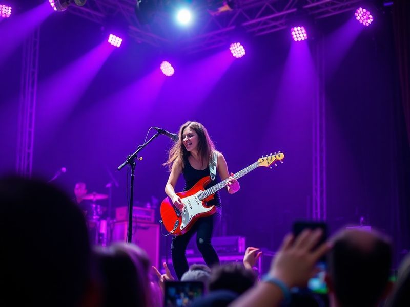 A vibrant concert scene featuring Olivia Rodrigo on stage during the GUTS World Tour, with neon lighting, a live band, and an