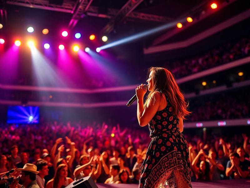 A vibrant concert photo of Olivia Rodrigo mid-performance on stage, bathed in colorful stage lights, with a live band and an