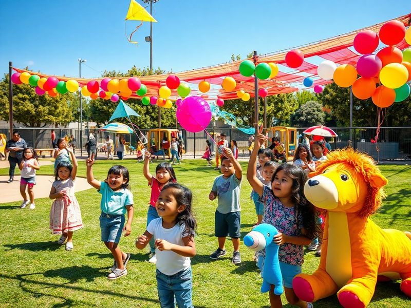 A vibrant outdoor festival in Mexico City’s Zócalo, filled with colorful decorations, children holding handmade signs, and fa