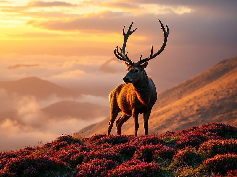 A solitary red deer stag stands majestically on a rocky outcrop in the Scottish Highlands, with misty mountains and ancient f