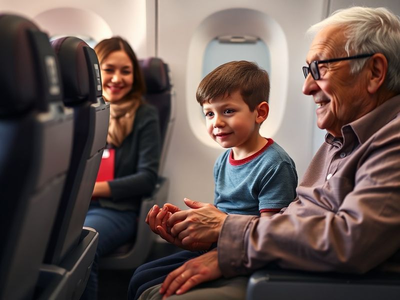 A photo of a young boy sitting on a Jet2 airplane seat, looking calm and composed, with a concerned passenger beside him. The