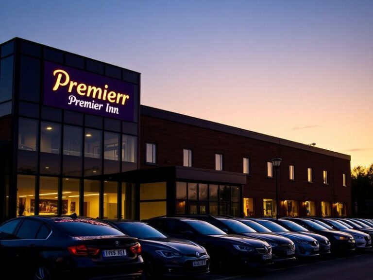 A modern Premier Inn hotel exterior at dusk, showcasing its clean, contemporary design with signage illuminated against a twi