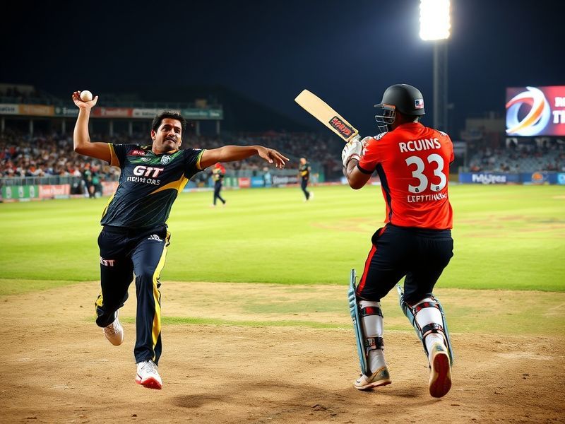 A vibrant cricket stadium with players from Gujarat Titans and Royal Challengers Bangalore shaking hands before the match, wi