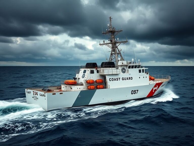 A powerful image of a U.S. Coast Guard Cutter navigating rough seas, with a helicopter in flight overhead and crew members on