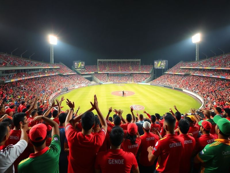 An action-packed cricket stadium scene at night, featuring RCB in red and GT in blue uniforms, with a packed crowd, vibrant L