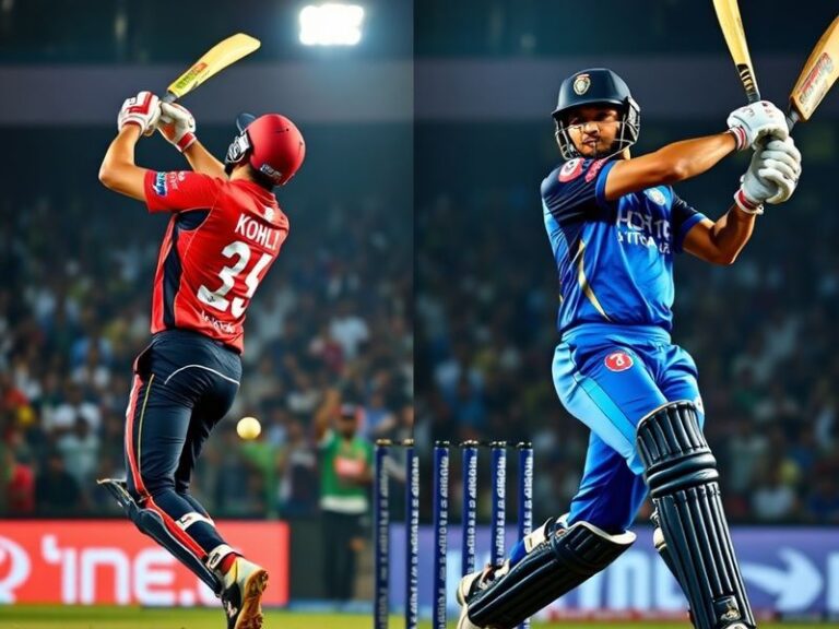A dynamic cricket stadium scene at night with RCB and GT players in action, bright stadium lights illuminating the pitch, and