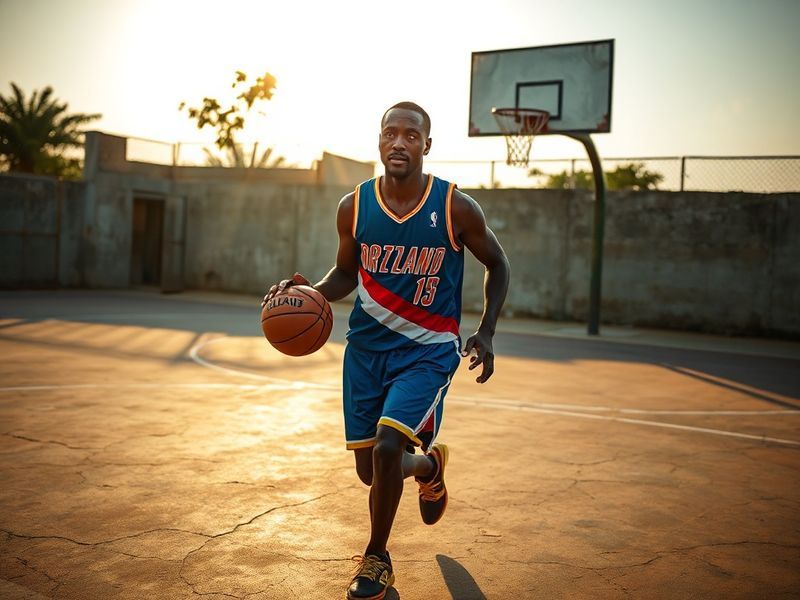 A dynamic action shot of Joaquim Boumtje Boumtje in a Portland Trail Blazers jersey mid-game, with a blurred background of a