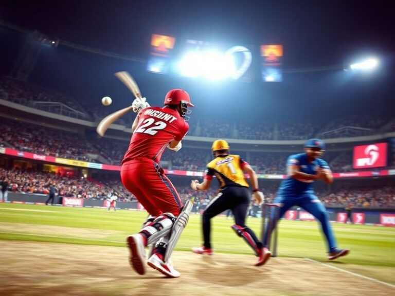 A packed stadium under lights with RCB and GT players in action, showcasing intense competition, vibrant team colors (red and
