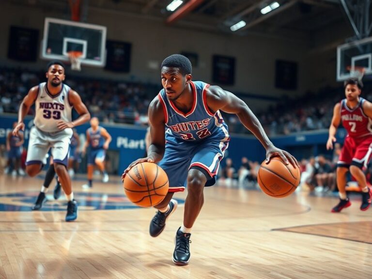A vintage-style photo of Joaquim Boumtje Boumtje in a Georgetown Hoyas basketball uniform, mid-game action, with a blurred NB