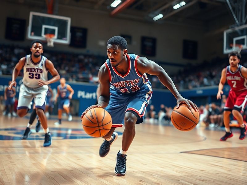 A vintage-style photo of Joaquim Boumtje Boumtje in a Georgetown Hoyas basketball uniform, mid-game action, with a blurred NB
