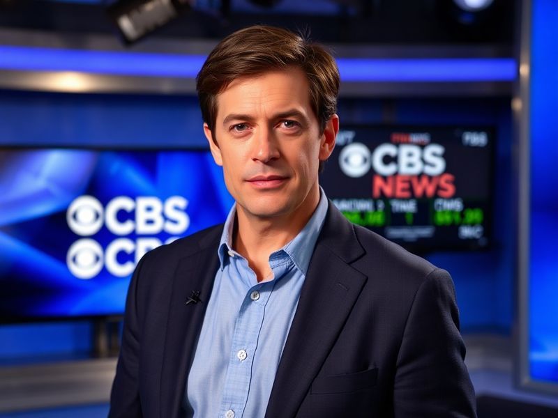 A split-screen image of Tony Dokoupil reporting live on CBS News, with a digital overlay showing ratings graphs and social me