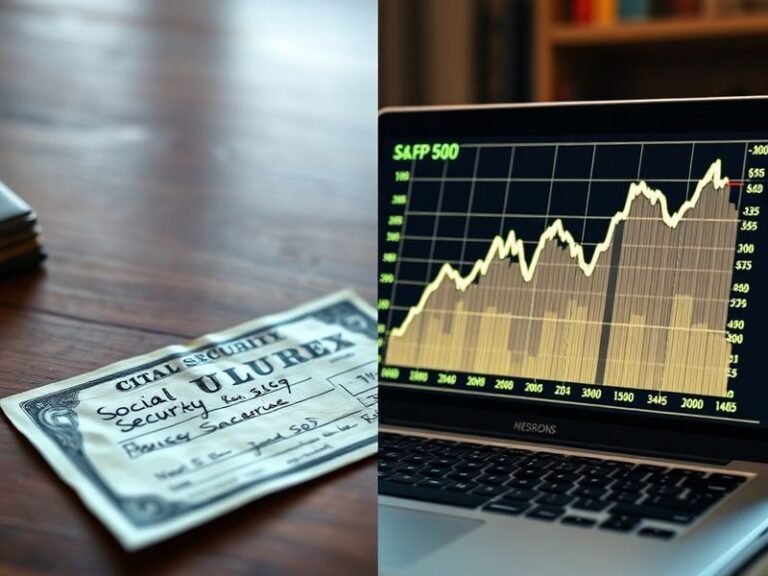A split-image visual: On the left, a paper check with 'Social Security' printed on it, surrounded by dollar bills and a calcu